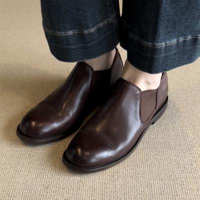 Version cuir de vache~ Cuir véritable surface souple talon bas talon épais mocassin rétro chaussures simples femmes couleur unie navettage une pédale petit cuir sh