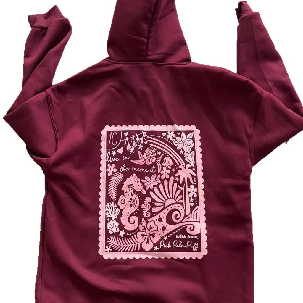 New Pink Palm Print Drop-Shoulder Long-Sleeve Hooded Sweatshirt