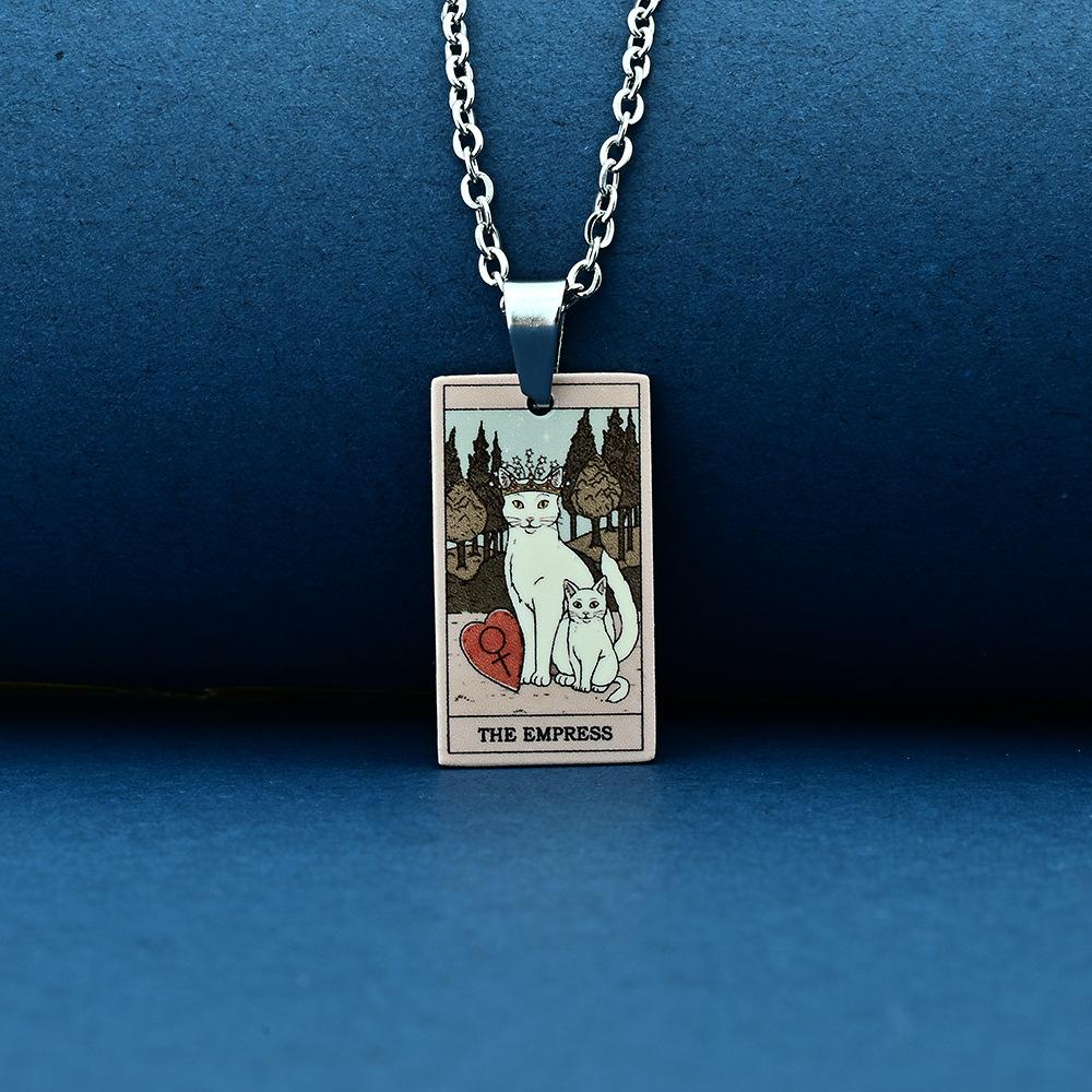 Stainless Steel Cat Tarot Card Necklace for Men Women Animal Divination Jewelry Accessory