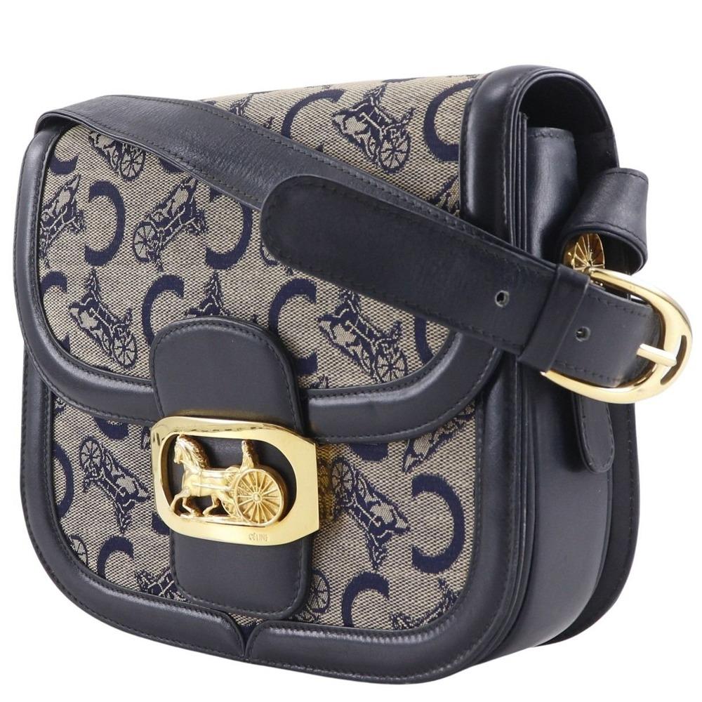 CELINE Old Celine Shoulder Bag Macadam Horse Hardware vintage Navy blue canvas/leather Women Used
