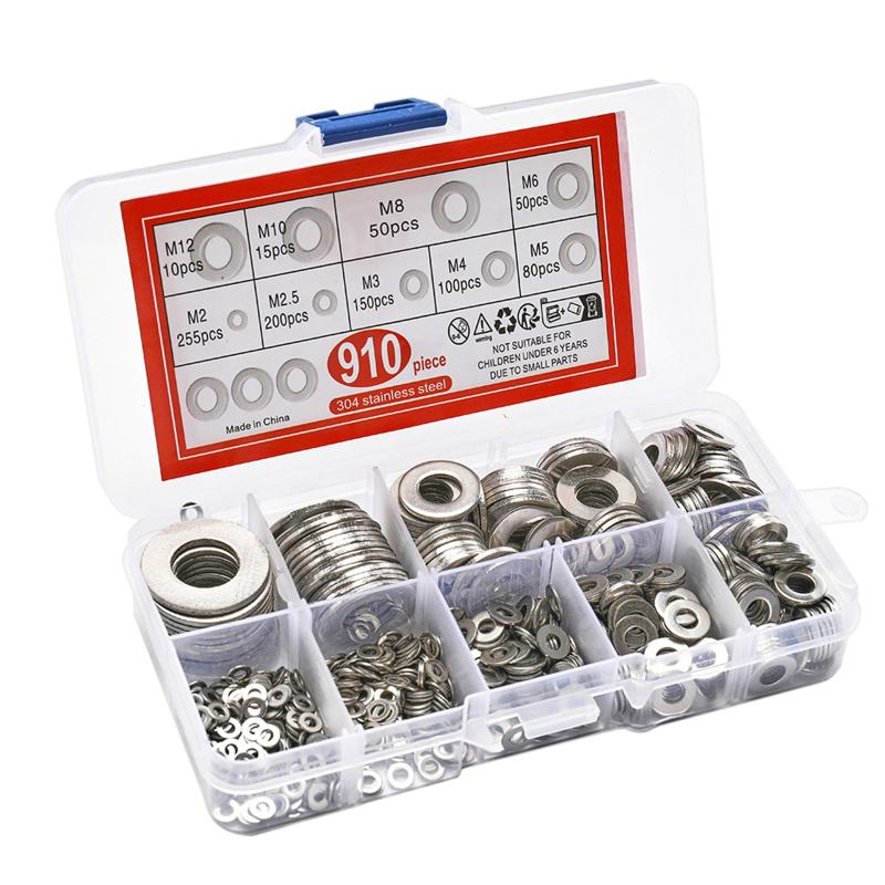 910/200Pcs Suitable For Home Decoration 304 Stainless Steel Flat Washers Assortment Kit (M2 M2.5 M3 M4 M5 M6 M8 M10 M12)