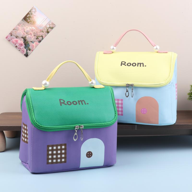 1 Pcs Dopamine Color Cute House Shape Makeup Bag Large Capacity Portable Makeup Storage Bag Cartoon Makeup Handbag