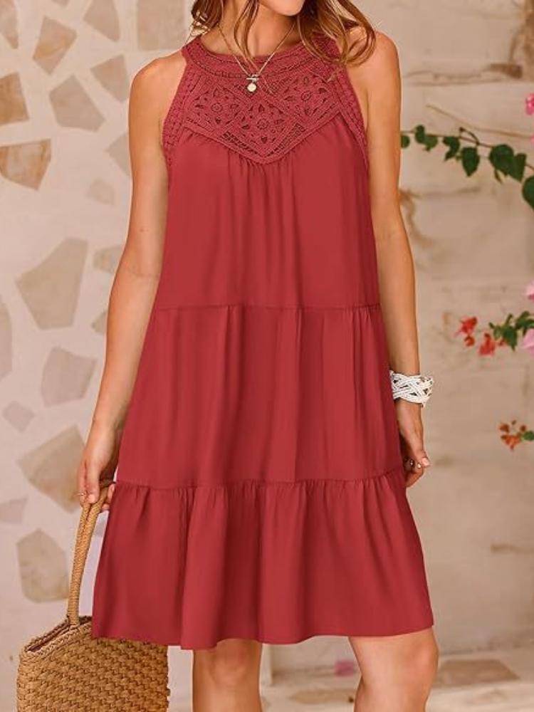 

Elegant Sleeveless Floral Lace Dress with Tiered Hemline, Women s Summer Casual Dress in Multiple Colors XXL