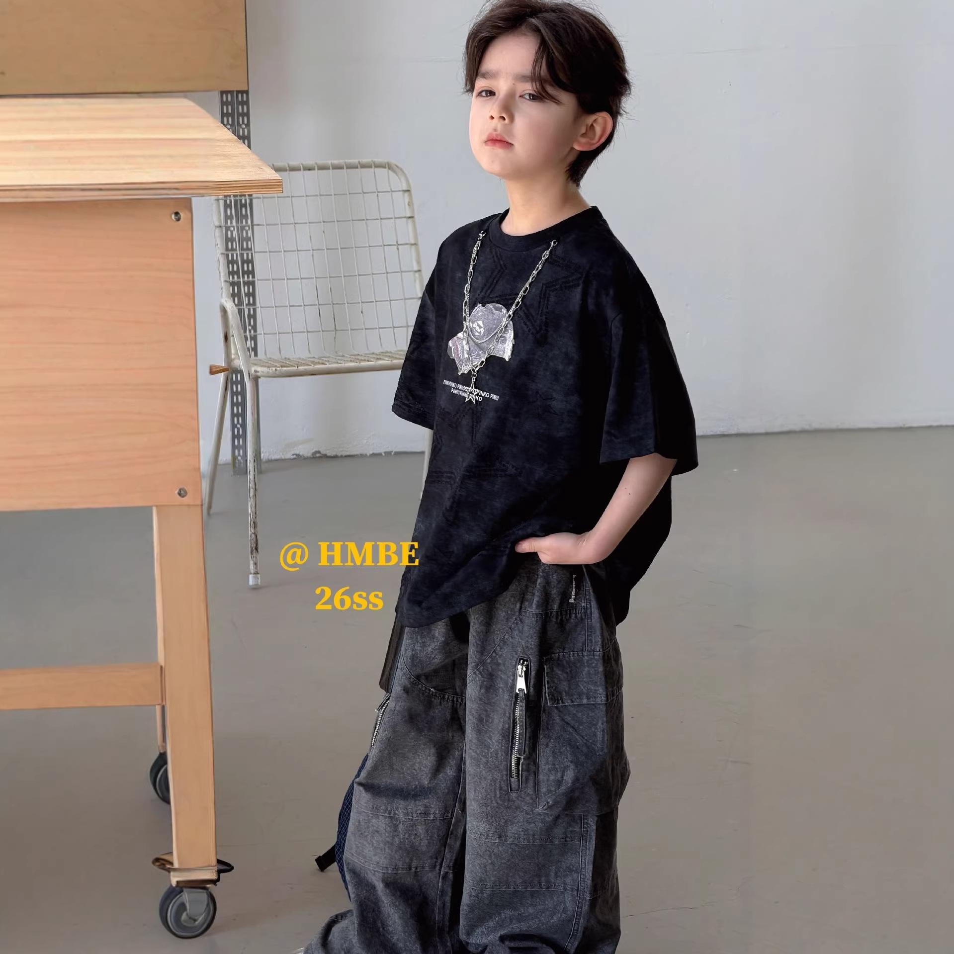 

Spring 2026 Kids Retro Japanese Workwear T-shirt – Casual, Loose Fit, Short Sleeve for Boys and Girls 120 cm