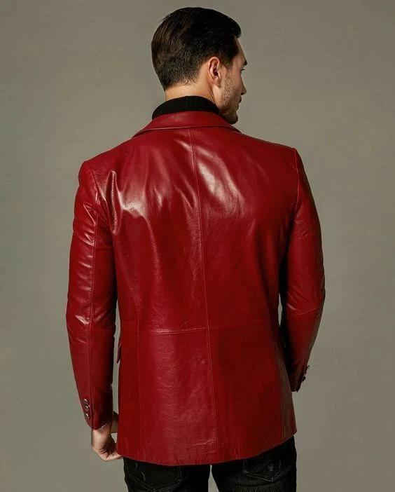 Men Red Leather Blazer Coat Halloween Fashion Stylish SlimFit Real Soft Lambskin