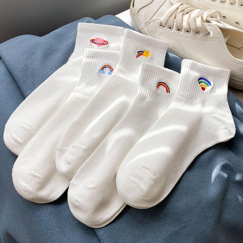 

Женские носки до середины бедра, весенне-летние тонкие японские хлопковые носки с радужной вышивкой, модные милые дышащие спортивные носки