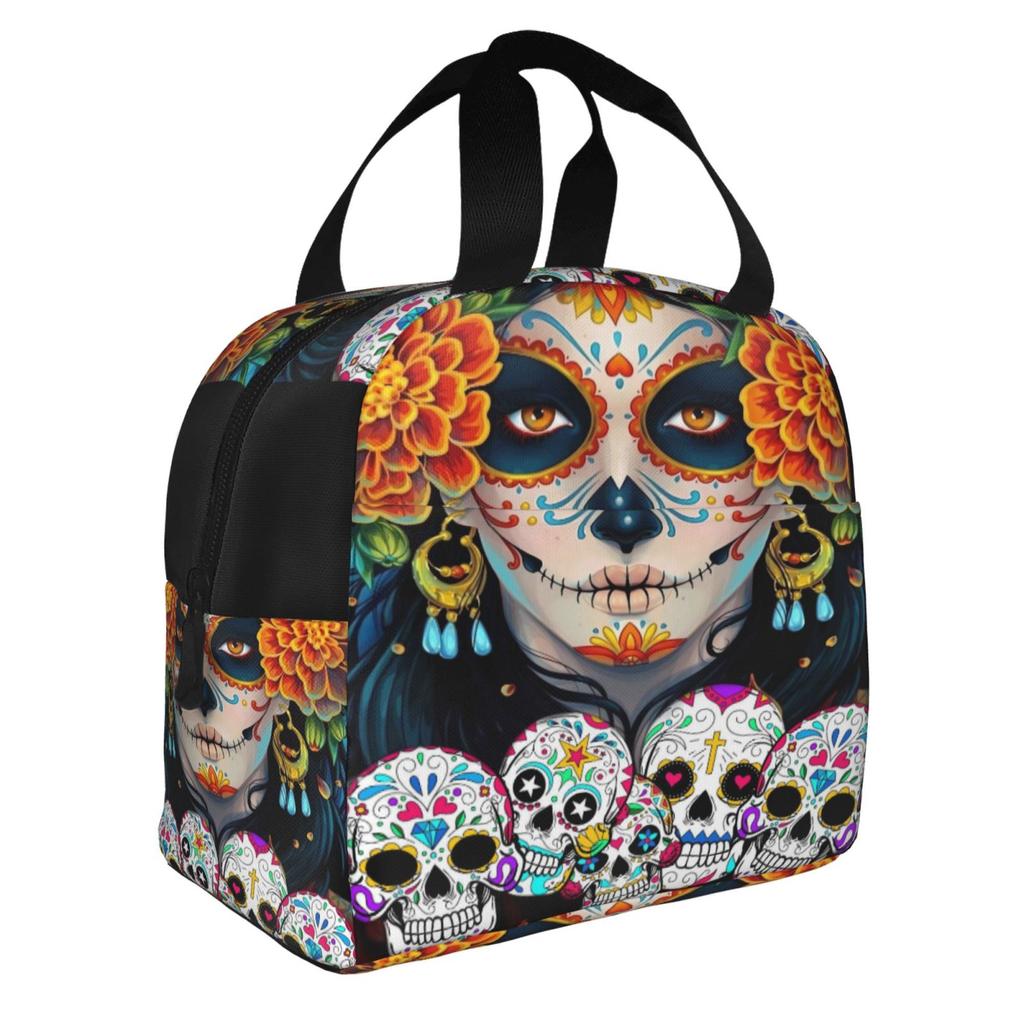 Day of The Dead Mexican Catrina Skull Print Lunch Bag Portable Thermal Cooler Insulated Bento Box for Kids Food Tote Bags