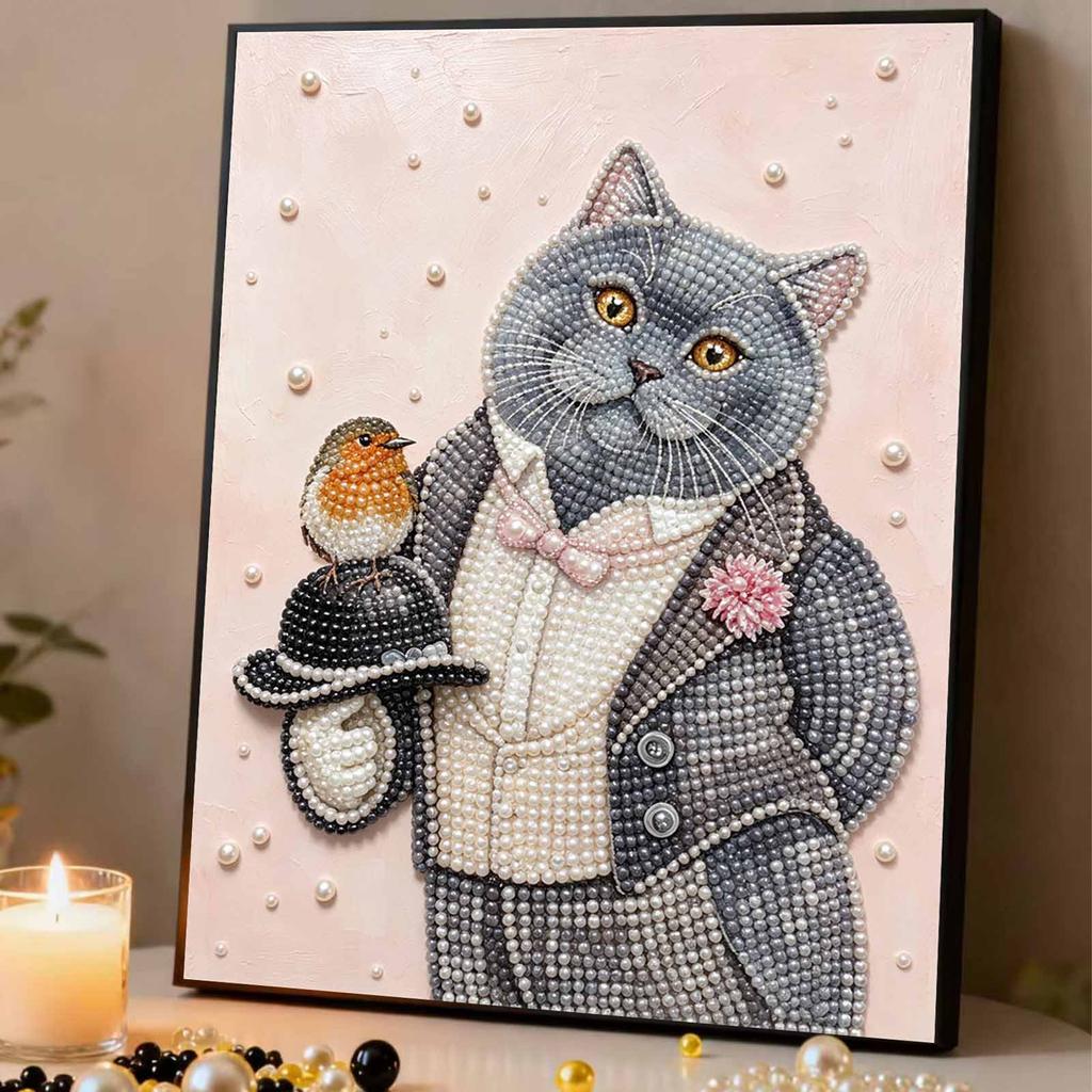 Relaxing DIY Pearl Painting Kit Framed with Dapper Cat and Bird Design 5D Sparkling Bead Canvas Craft for Girls Bedroom Decor Gift