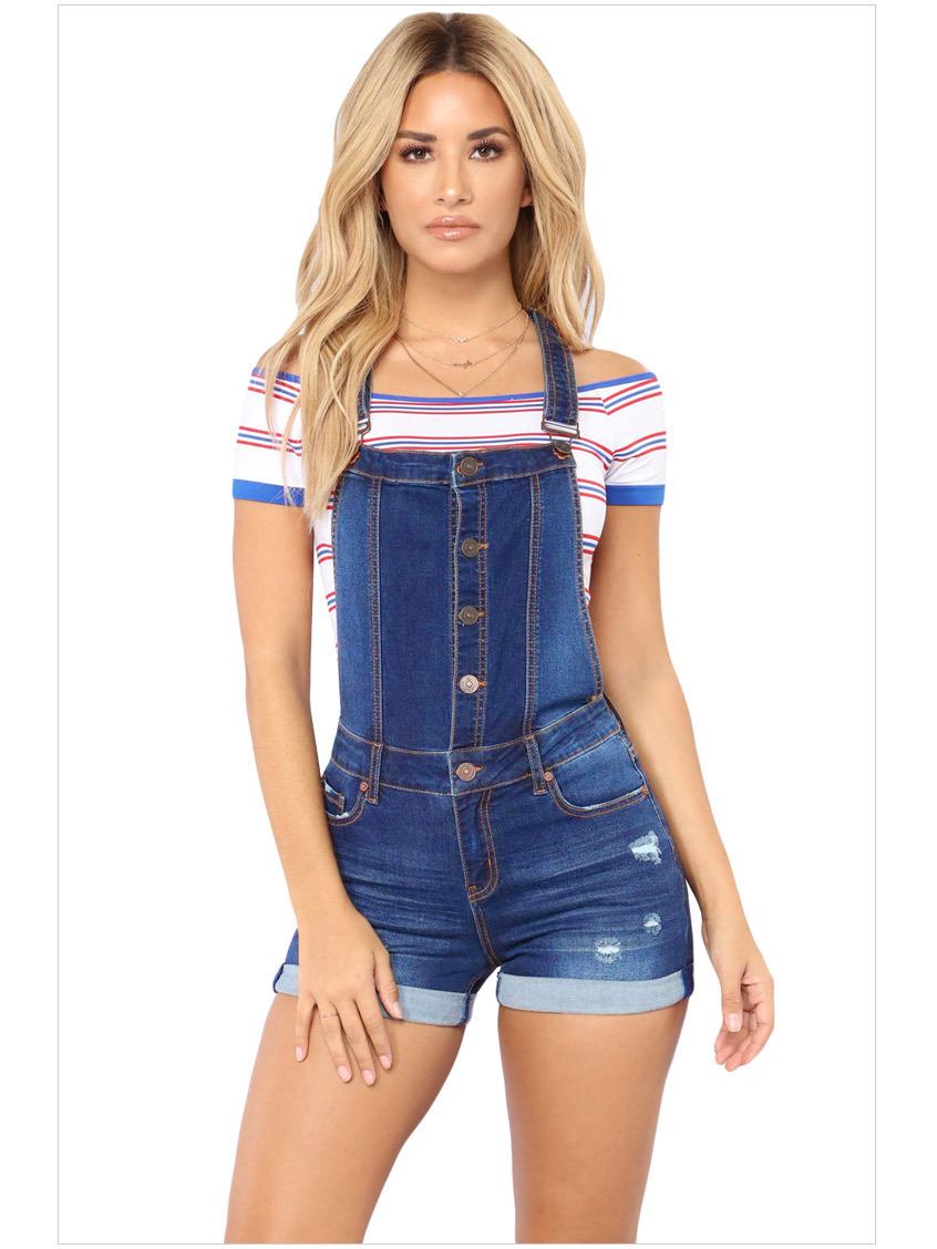 Spring European & American Butt-Lifting Ripped Denim Bib-Front Shorts L