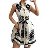 Women's Fashion Lapel Button Print Waist Tie Sleeveless Dresses