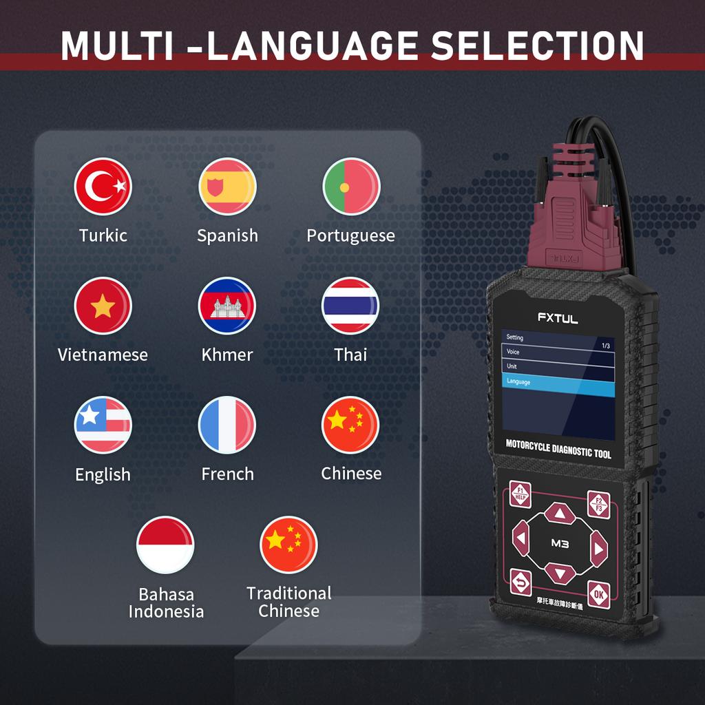 FXTUL M3 Motorcycle Diagnostic Tool OBD2 Clear Fault Codes Scanner Support Engine ABS Systems For Yamaha Suzuki HONDA Kawasaki