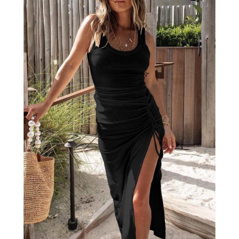 New summer waist sexy split fork medium and long vest dress women s clothing S