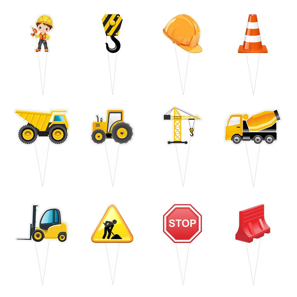 Children'S Birthday Party Decoration Excavator Pulling Flag Vortex Construction Truck Forklift Cake Sticker