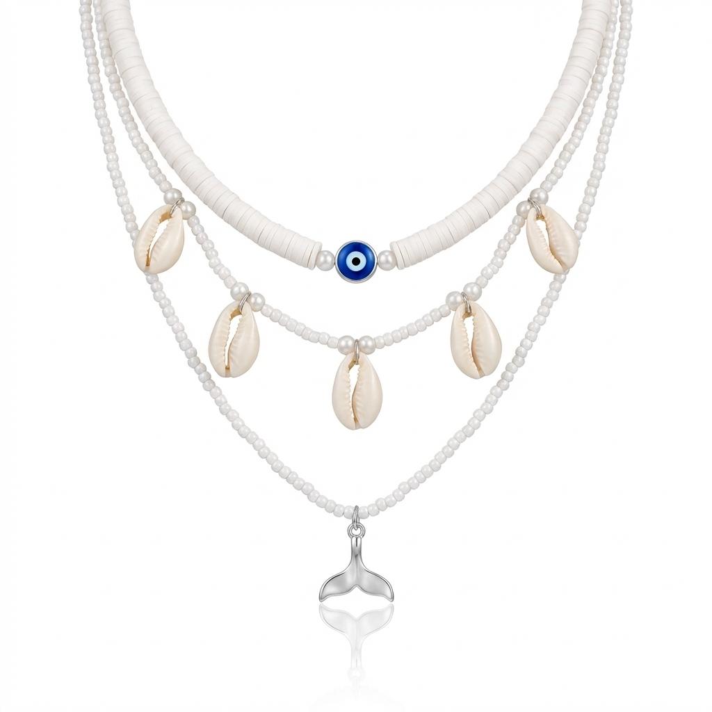 

3Pcs/Set Pearl Shell Fishtail Evil Eye Necklace Set For Women Bohemian Ocean Pendant Choker