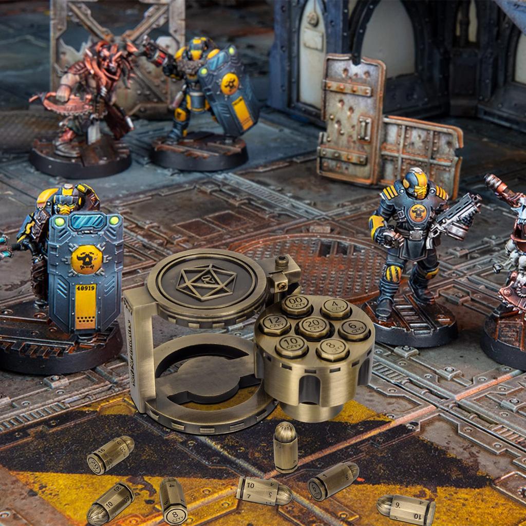 CZYY Set di 7 dadi proiettile poliedrici in metallo con contenitore cilindrico rotante per revolver Dadi in stile cyberpunk per giochi da tavolo a tema Warhammer e crimine