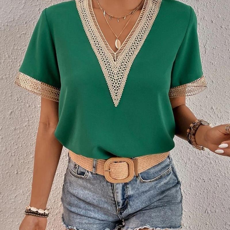 Women's V Neck Blouse Short Sleeve Lace Trim Loose Fit Casual Summer Top