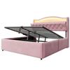 Upholstered bed 140 x 200 cm, hydraulic storage, velvet cover, LED headboard light, USB & USB-C charging, headboard storage, metal bed base, pink