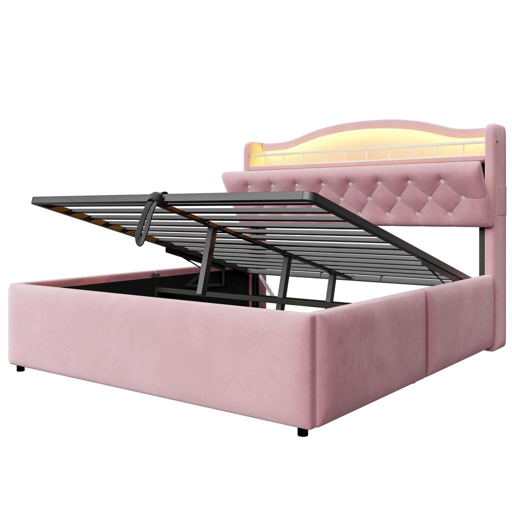 Upholstered bed 140 x 200 cm, hydraulic storage, velvet cover, LED headboard light, USB & USB-C charging, headboard storage, metal bed base, pink