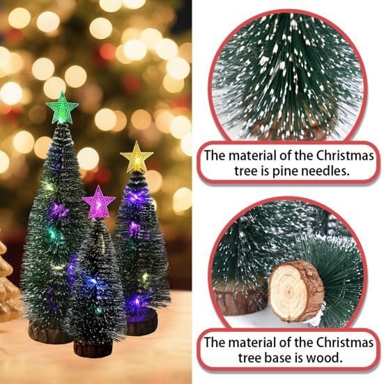 Mini Christmas Tree Small Artificial Snow Flocked Pencil Tree with LED Lights Tabletop Tree Ornaments with Wooden Base for Xmas Home Decor