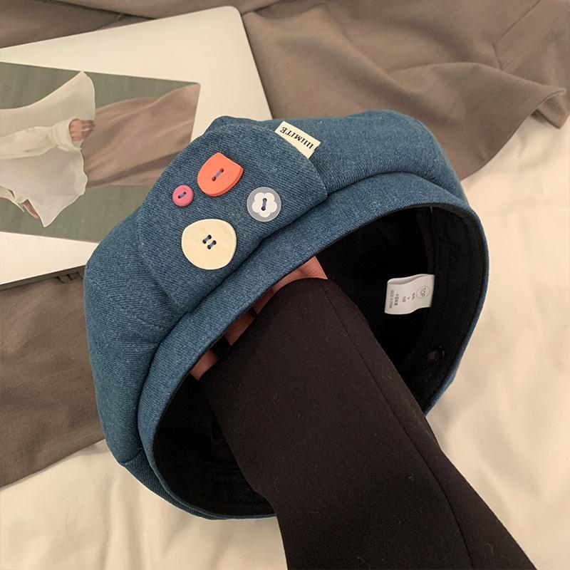 Spring And Summer Sweet Button Cowboy Beret Female Shows Small Face Big Head Circumference Painter Hat Literary And Artistic Versatile Octagonal Hat