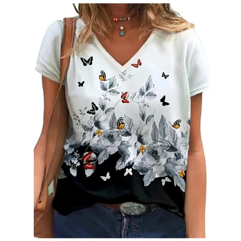 Summer V-neck Flower Pattern 3D Printed Top Fashionable Casual Short Sleeved Women's T-shirts
