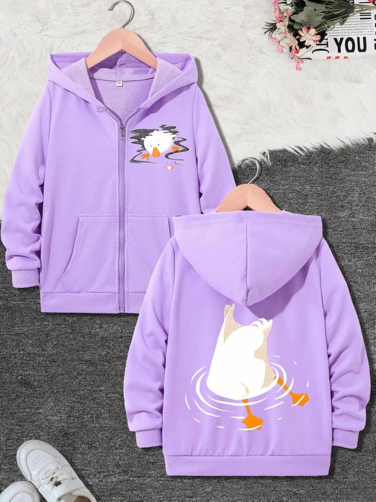Kids Zip Up Hooded Jacket Funny Upside Down White Duck Water Ripple Graphic Long Sleeve Casual Outerwear For Boys Girls