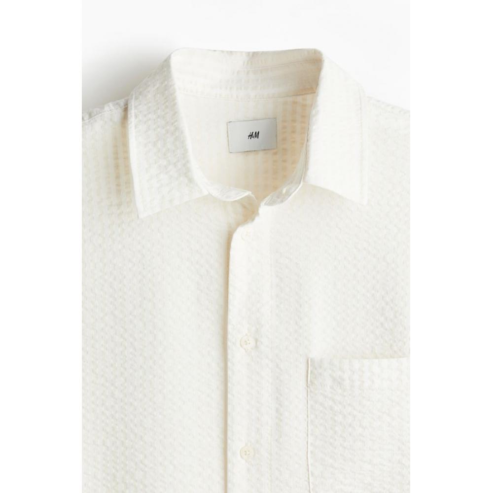 

H M cotton blend seersucker shirt cream