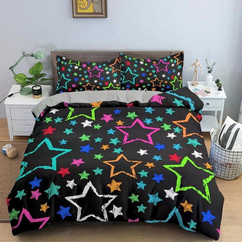 Kawaii Glitter Stars Duvet Cover Twin Queen Psychedelic Space Cosmos Starry Sky Comforter Cover Colorful Star Galaxy Bedding Set