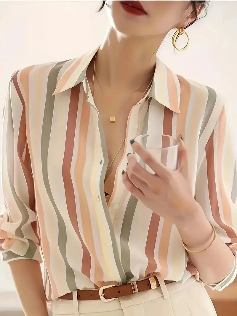 Cross-border European and American women s clothing Amazon 2025 autumn fashion temperament striped shirt retro lapel loose shirt S