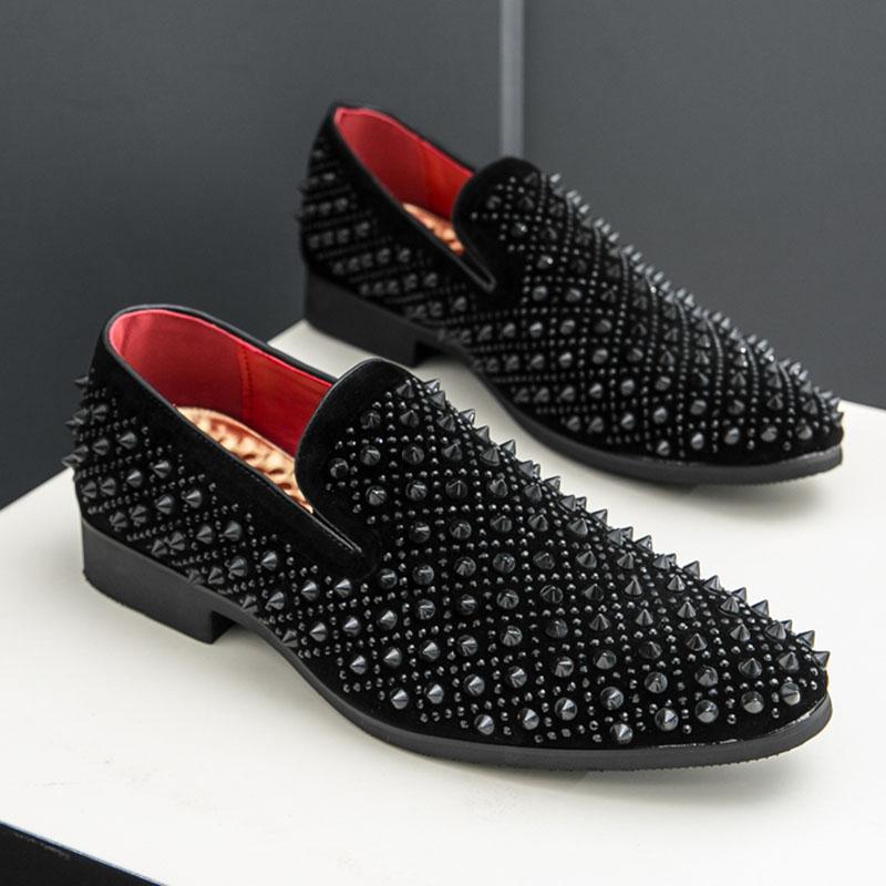 Fashion New Black Rivet Rhinestones Pointed Slip On Shoes Men Designer Rock Punk Loafers Formal Wedding Prom