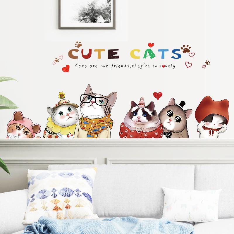 Cute Cartoon Cat Wall Stickers for Bedroom Bedside Sofa TV Cabinet Restaurant Pet Shop Background Home Decoration