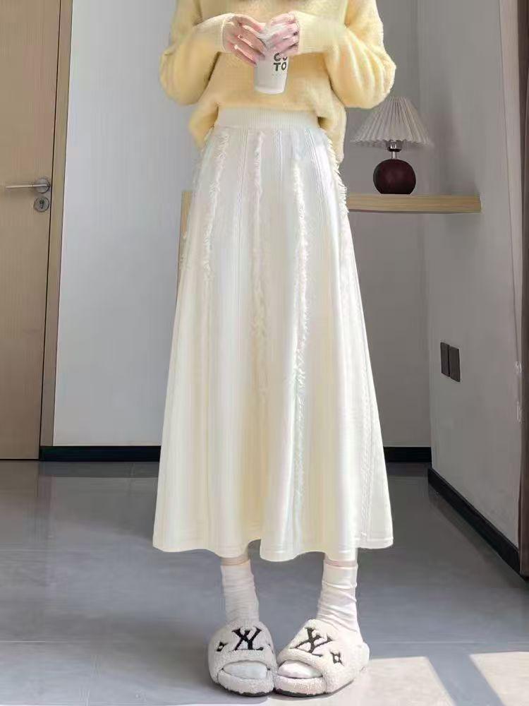 Women's Autumn-Winter White Wool Midi Skirt: High Waist, A-Line with Tassel Detail