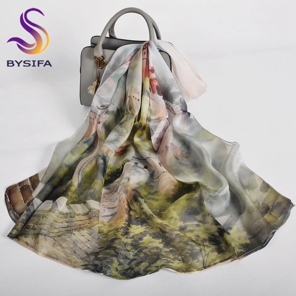 [BYSIFA] Purple 100% Mulberry Silk Scarf Wrap Fall Winter Magnolia Design Long Scarves Shawls Women Spring Summer Beach Shawl