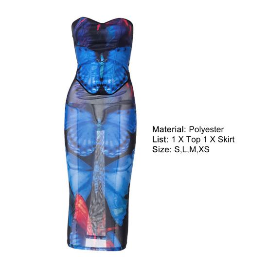 2 Pcs/Set Women Top Skirt Set Bodycon Skinny Colorful Mid-calf Length Animal Thin Backless Butterflies Print Sleeveless