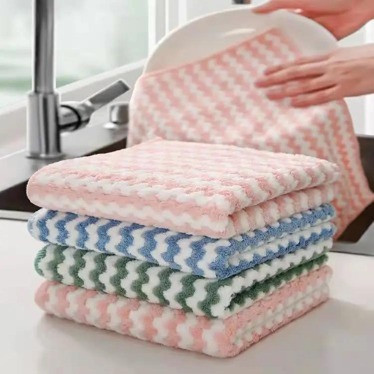 5Pcs Thickened Coral Fleece Cloth Wave Striped Cleaning Cloth Home Kitchen Cleaning Supplies Absorbent Cloths Dishwashing Cloths