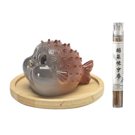 Pufferfish Incense Stick Holder Resin Globefish Tea Pet Figurine Incense Burner Home Office Tea Room Table Decoration Ornament