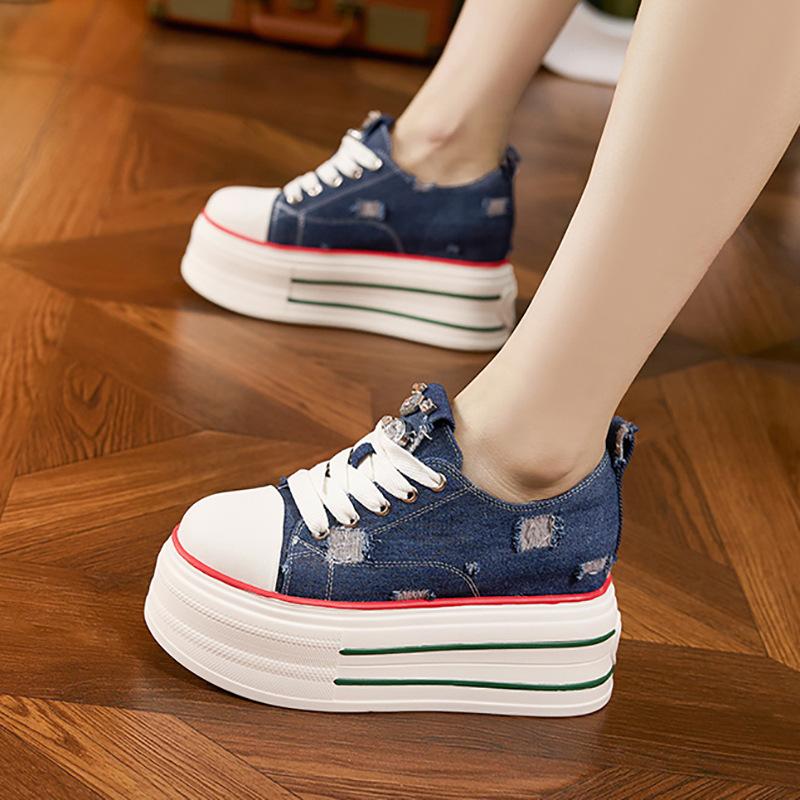 Women's 2025 Spring Breathable Canvas Platform Shoes - College Style, Thick-Soled, Fashionable, Versatile, Height-Enhancing Sneakers