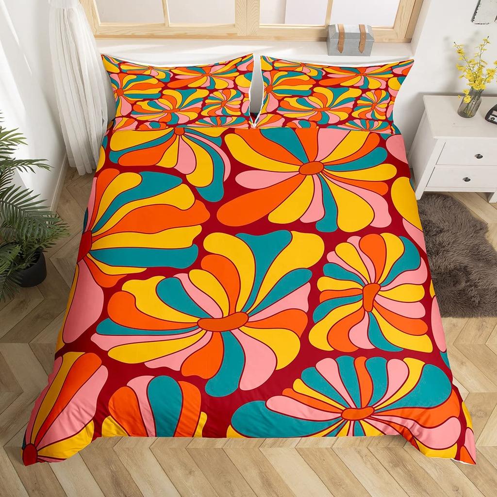 Bettdecke Retro Blumen Aquarell Gelb Floral Grüne Blätter Pflanze Bettdecke Und 2 K Bunter Stil Bettwäsche-Set