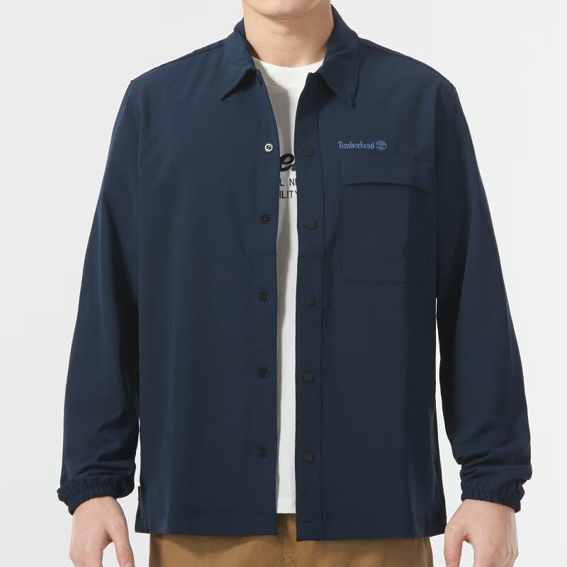 Timberland Solid Logo Point Collar Outdoor Casual Loose Long Sleeve Shirt Men Shirts Navy-Blue A2JJR-433