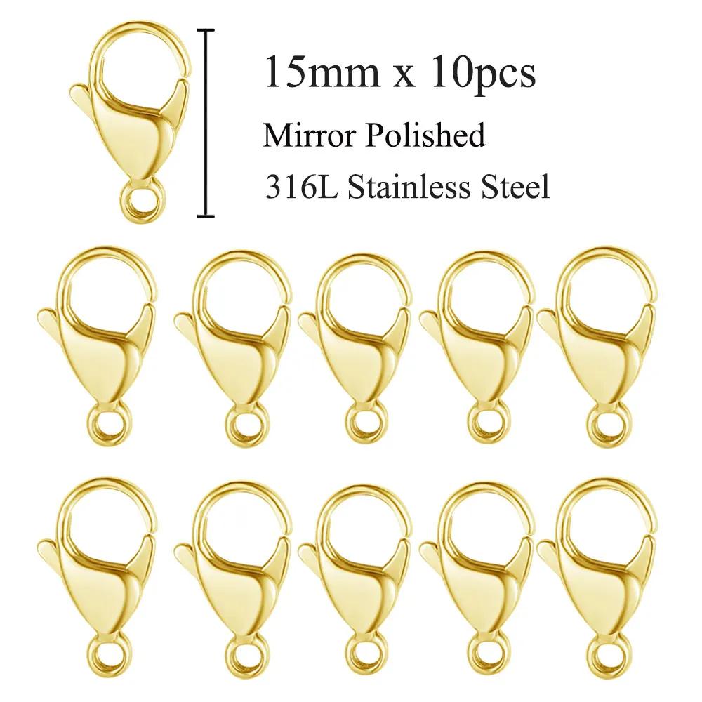 10pcs/lot Gold Mirror Polished 316L Stainless Steel Lobster Clasp 9-19mm Diy Jewelry Clasps for Necklace Bracelet Making