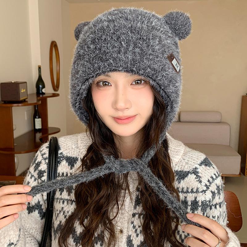Autumn and Winter Warm and Cold Hat Big Head Circumference Showing Face Small Knitted Hat Cute Plush Bear Ears Warm Lei Feng Hat for Women