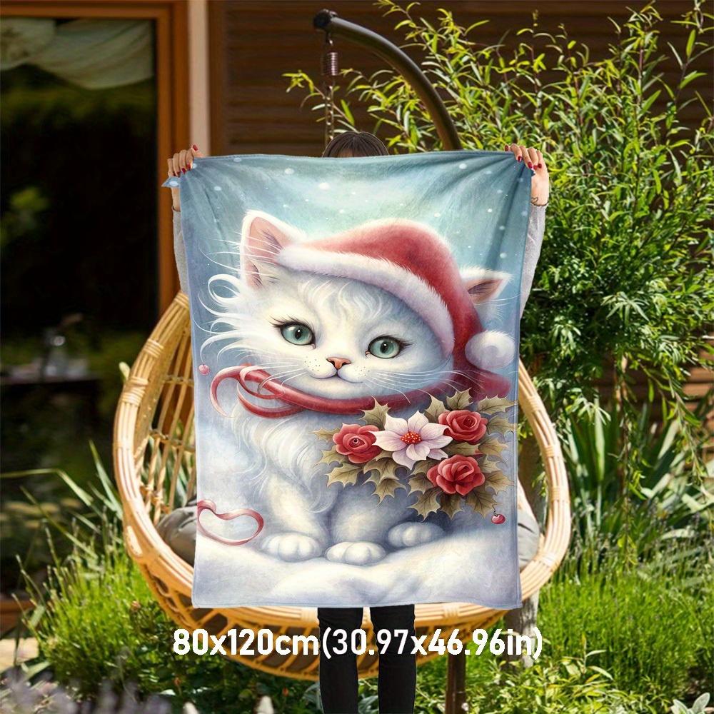 1pc Christmas Cat Theme Design Flannel Blanket - 3D Printed Soft Warm, All-Season Lightweight Throw for Camping Travel Bed-080715