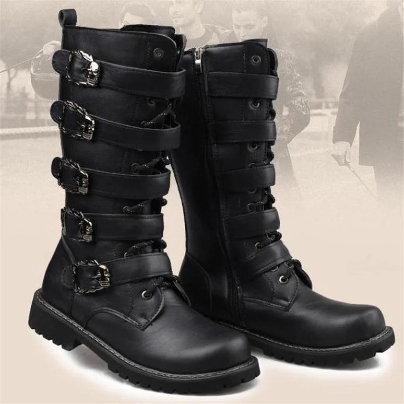Fashion Men Black Retro Combat  Belt Buckle Punk Motorcycle Leather Zipper Boots Autumn Men Shoes SIZE 37-46
