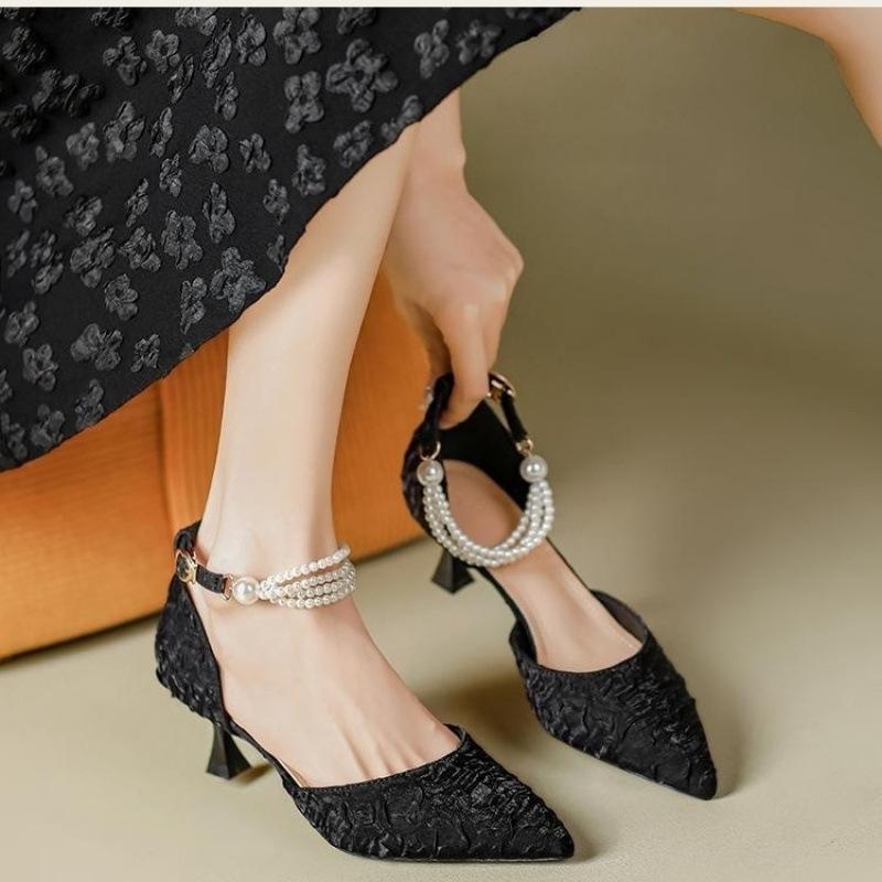 Fashion Sexy French Pointy Toe High Heels Women's Pearl Ankle Strap Sandals Ladies Elegant Wedding Party Bride Dress Designer Shoes