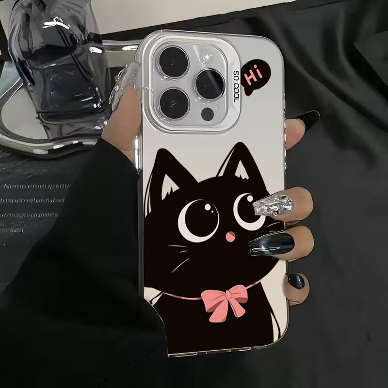 Cartoon Black Cat Eating Fish Electroplate Silver Case For  Redmi Note 14 13 12 11 10 Pro Plus 5G 12S Redmi 14C 13 Cover