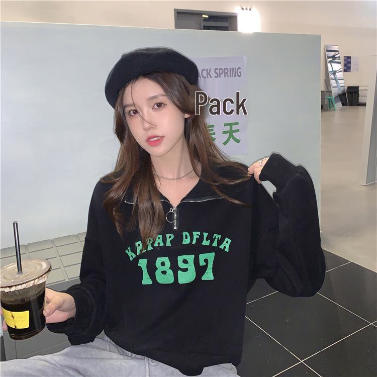 Women's Petite Half-Zip Polo Collar Sweatshirt - American Retro Style for Spring and Autumn