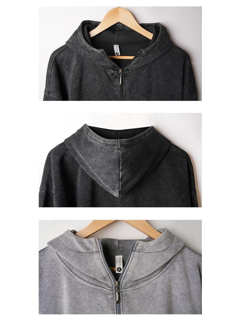 European Style 350g Cotton Hooded Distressed Zip-Up Cardigan - Unisex Trendy Jacket