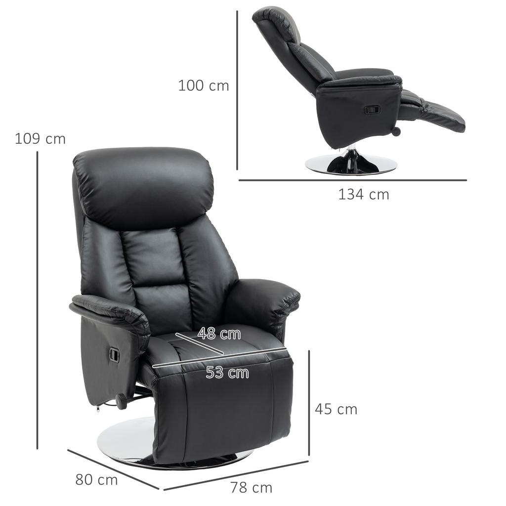 Recliner, reclining function, leather look, footrest, up to 150 kg, 78 x 80 x 109 cm, Black