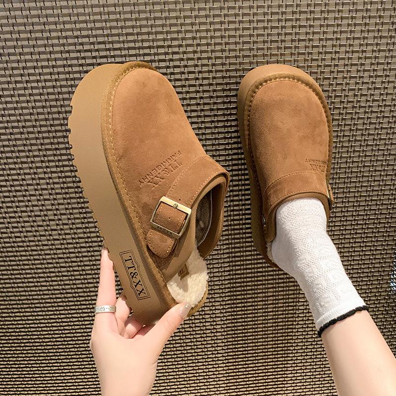 Thick-soled Fluffy Shoes Slippers Women's New Autumn and Winter Outer Wear Velvet Warm Snow Boots Bag Head Half Slippers