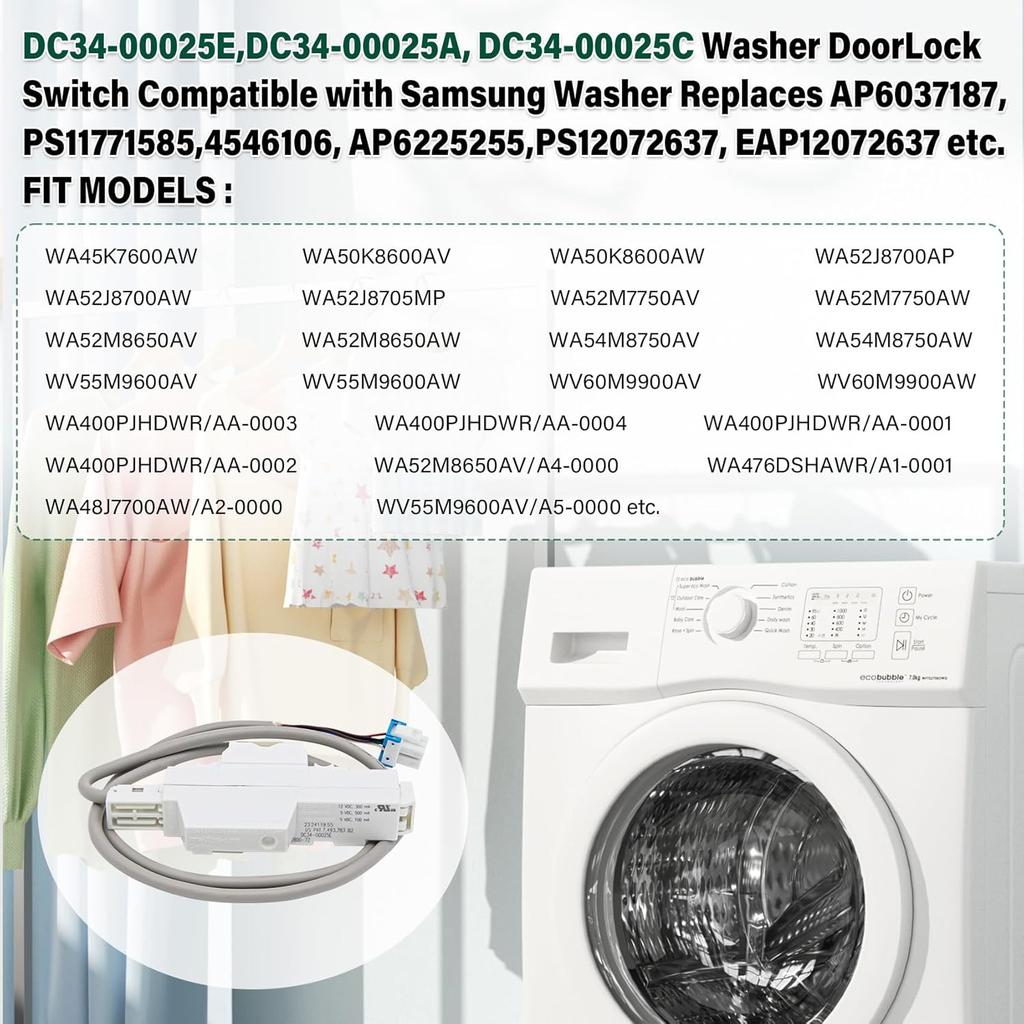 DC34-00025E,DC34-00025A, DC34-00025C Washer Door Lock Switch Compatible with Samsung Washer Replaces AP6037187, PS11771585,4546106, AP6225255,